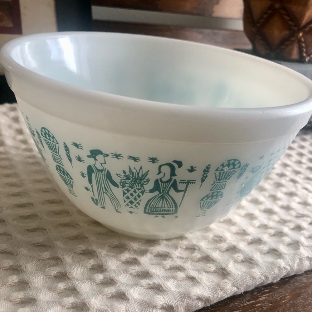 Vintage Pyrex White Bowl with Blue Folk Art Design